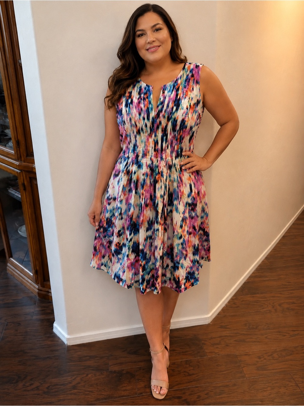 NYDJ Multicolor Watercolor Midi Dress in Pink, Blue, Purple